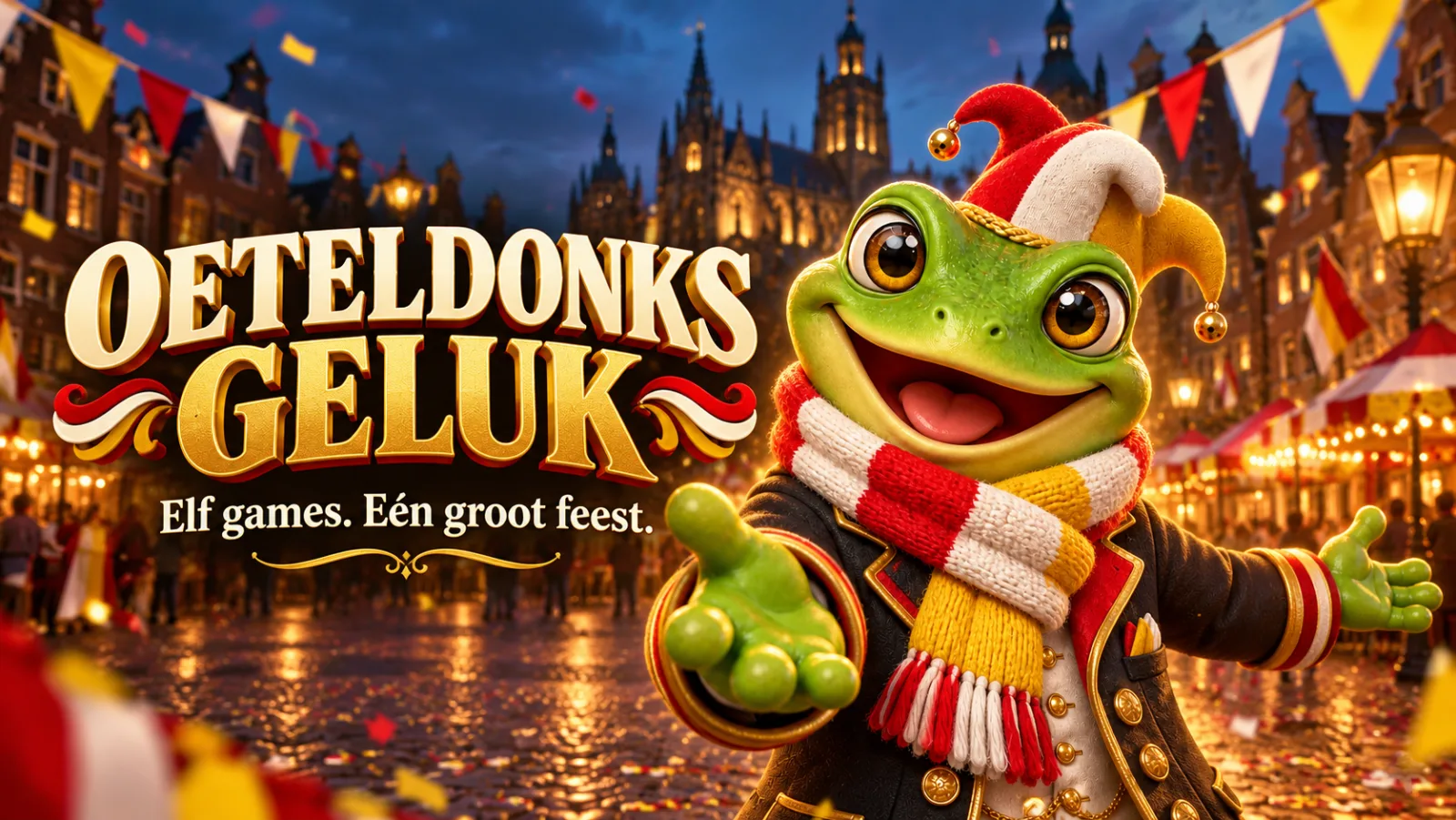 Oeteldonks Geluk op een feestelijk verlicht Oeteldonks plein